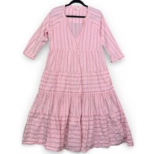 Xirena Beckett Striped Midi Dress Womens S Pink White Layna 3/4 Sleeve V Neck